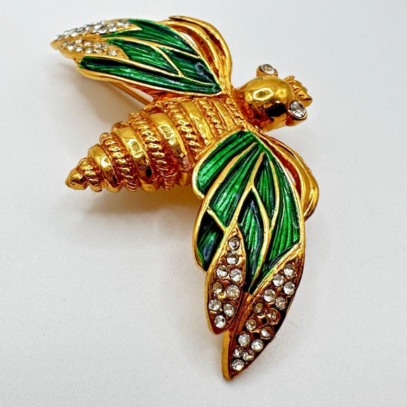 French Designer CARVEN Gold Tone Green Enamel Bee Brooch Pin Modele Depose #1282 - Picture 5 of 12